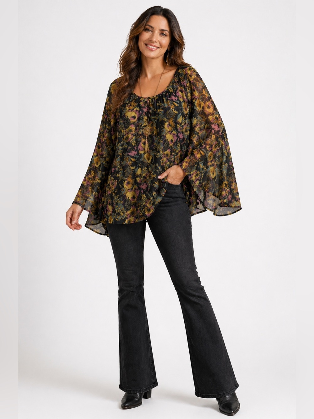 Boho Floral Blouse Top Large Black Multicolor Sheer Long Bell Sleeve Flowy Tunic